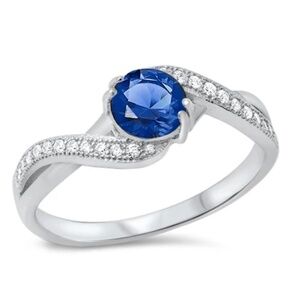 Sterling Silver Blue Sapphire CZ Ring – Elegant Twist Design